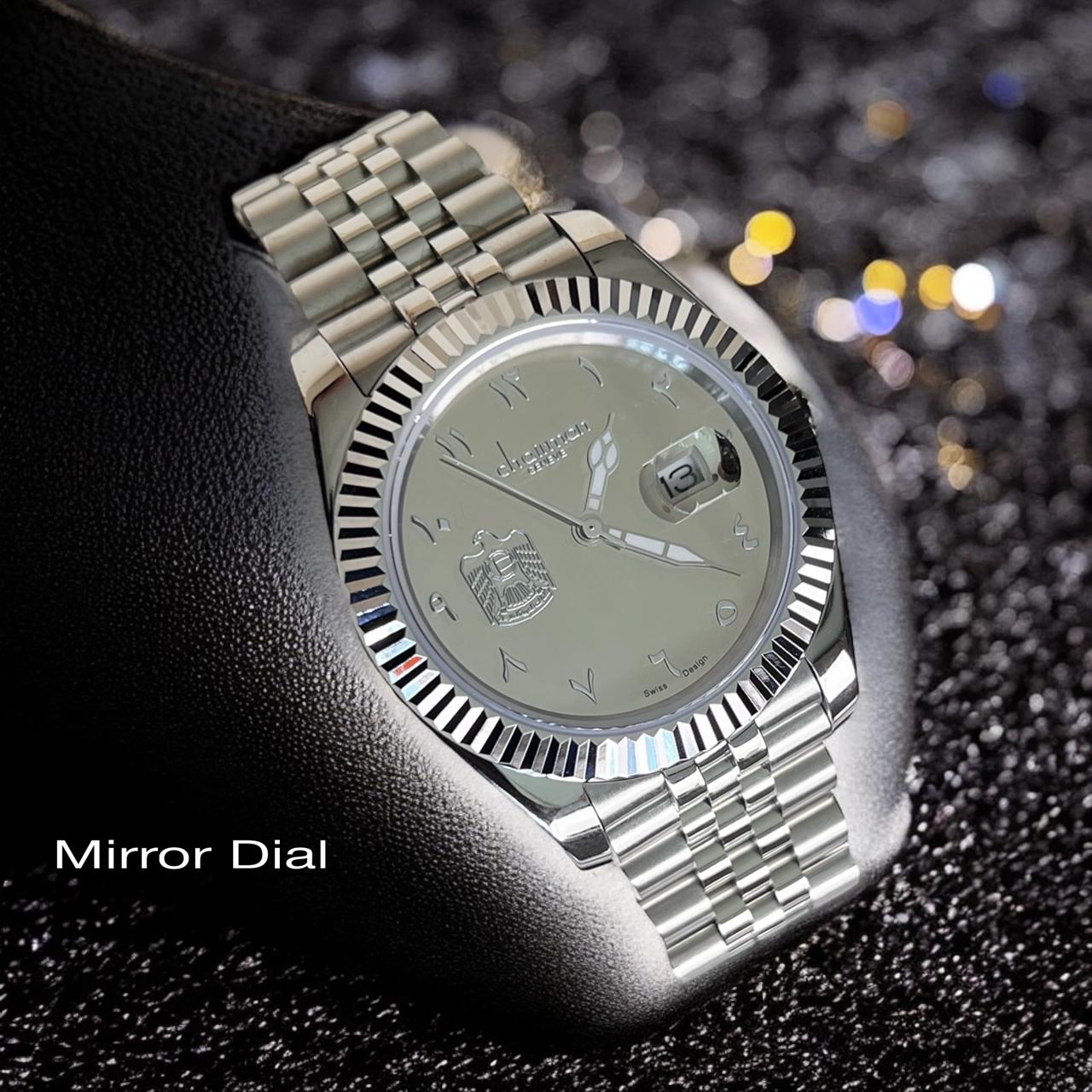Mirror Dial Chairman Geneve UAE Emblem Dated Arabic Grey Dial Silver Chain Gents Watch