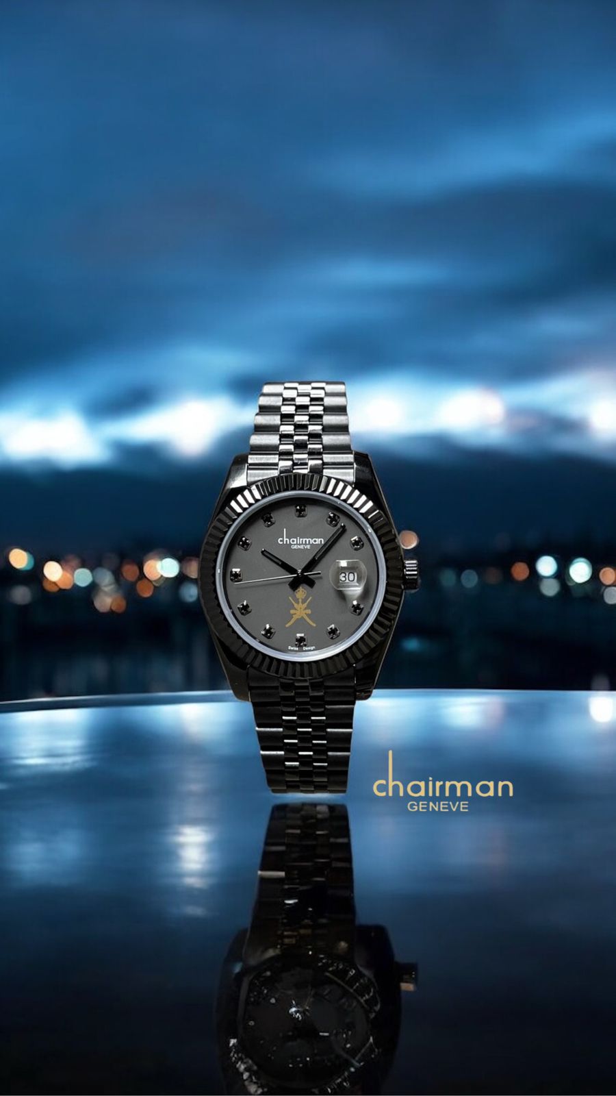 OMAN Emblem Chairman Geneve Dated Black Dial Black Chain Gents Watch