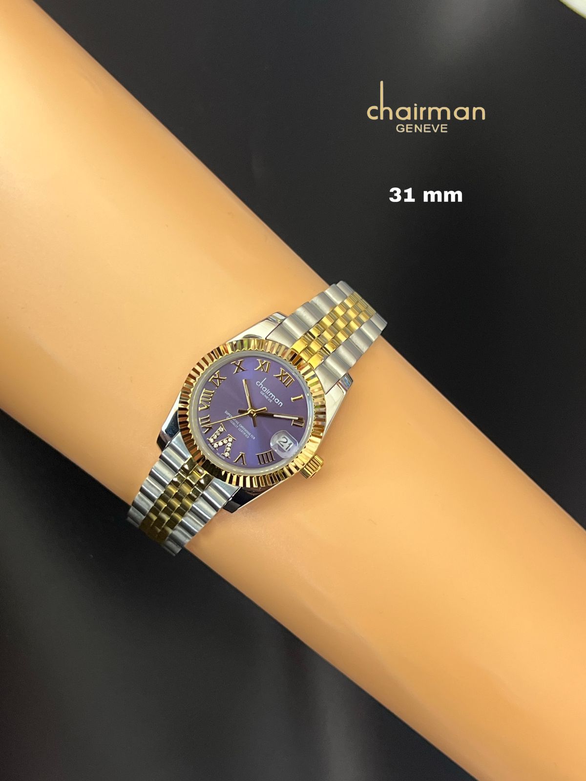Purple Dated Roman Dial Chairman Geneve Silver Gold Chain Gents Watch