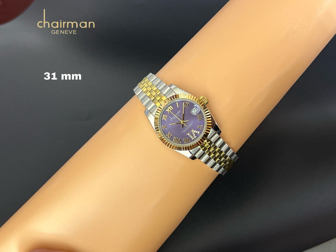 Purple Dated Roman Dial Chairman Geneve Silver Gold Chain Gents Watch
