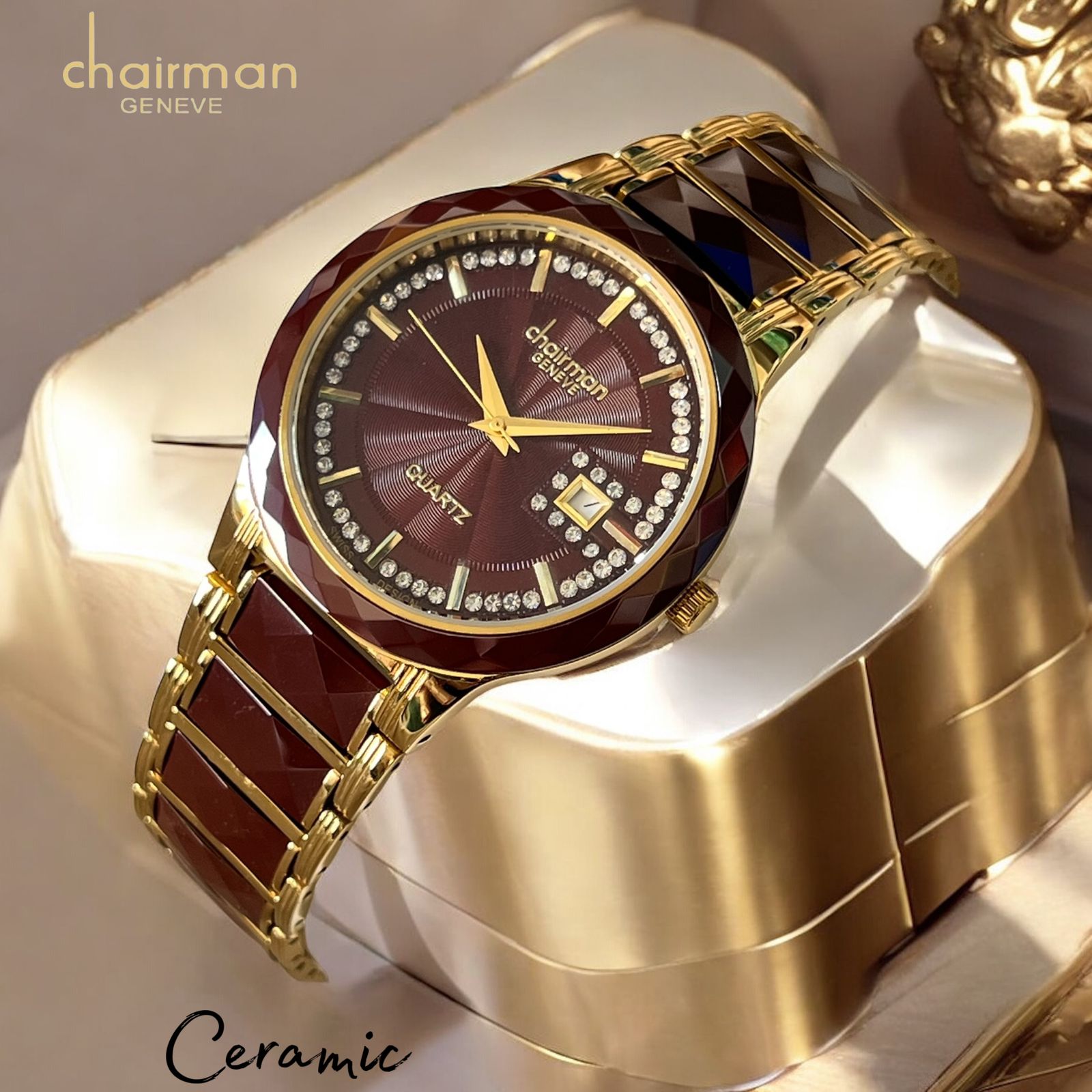 Quartz Ceramic Chairman Geneve Dated Brown And Gold Ladies Watch