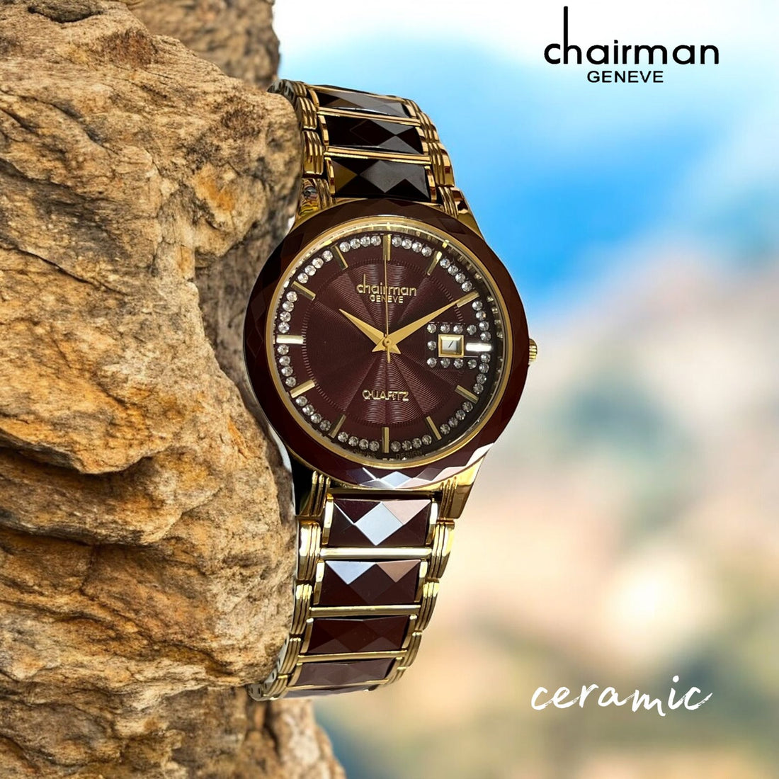 Quartz Ceramic Chairman Geneve Dated Brown And Gold Ladies Watch