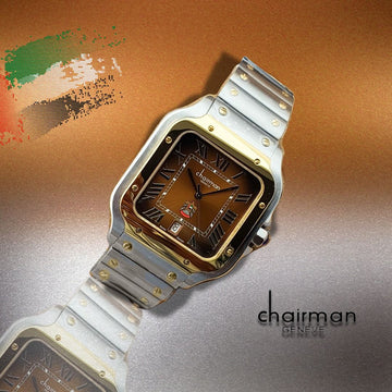 Rectangle Coffee Dial Chairman Geneve Silver Gold Strap Watch ABU DHABI Flag