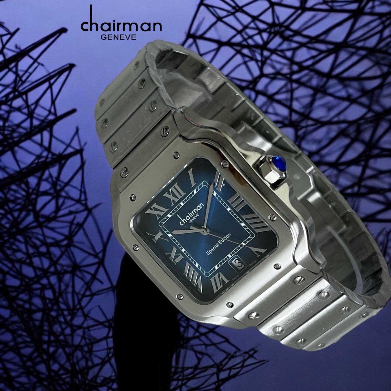Roman Blue Dated Dial Chairman Geneve Silver Chain Gents Watch – DealDXB