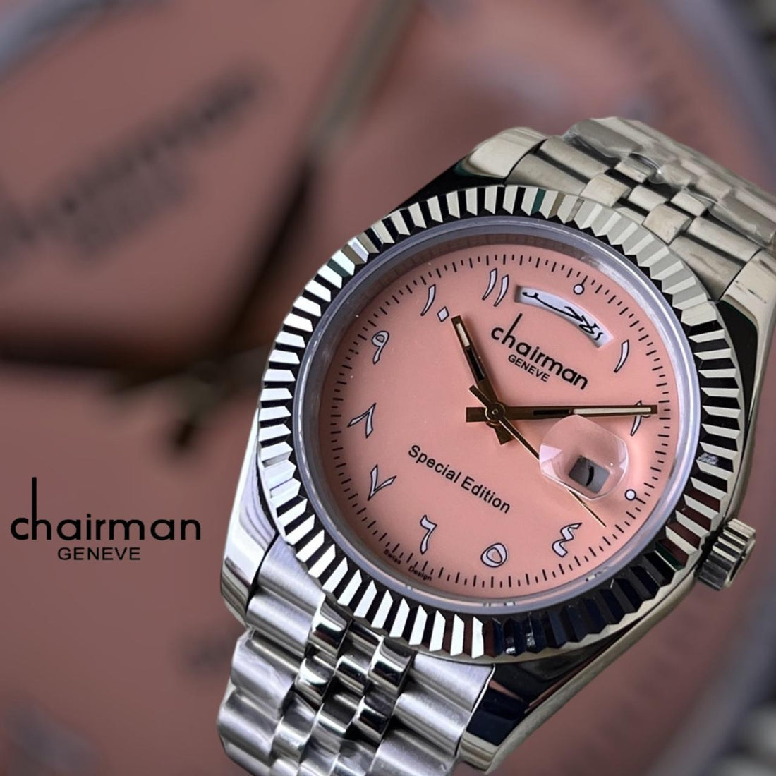 Special Edition Chairman Arabic Dial Baby Pink Silver Chain