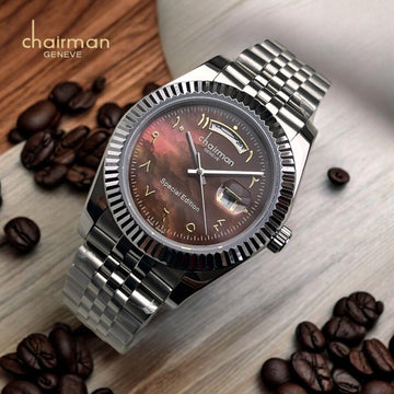 Special Edition Chairman Arabic Dial Coffee Stone Silver Chain