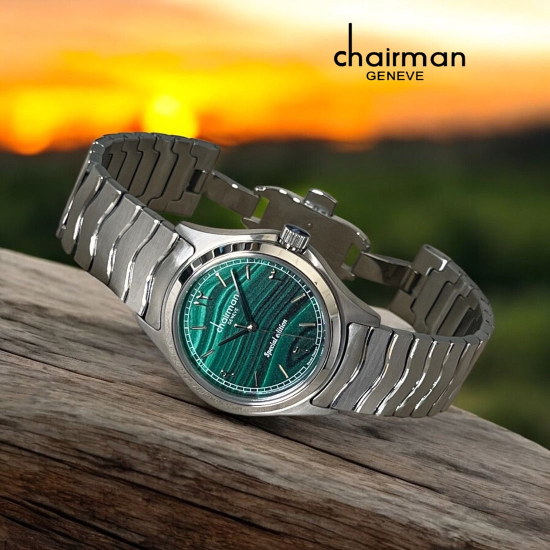 Special Edition Chairman Geneve Arabic Green Wave Dial Silver Chain Gents Watch