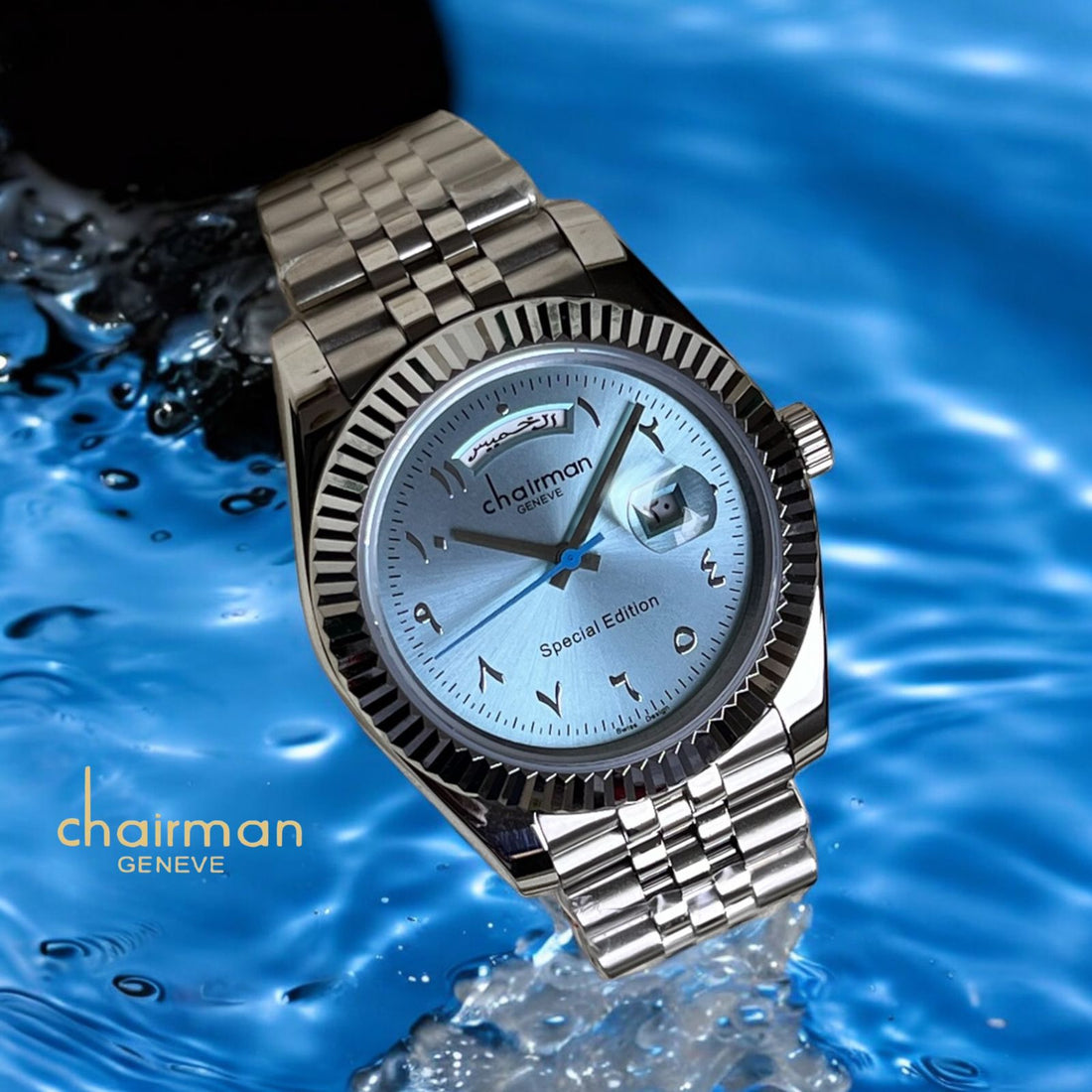 Special Edition Chairman Geneve Baby Blue Arabic Day And Dated Dial Silver Chain Gents Watch