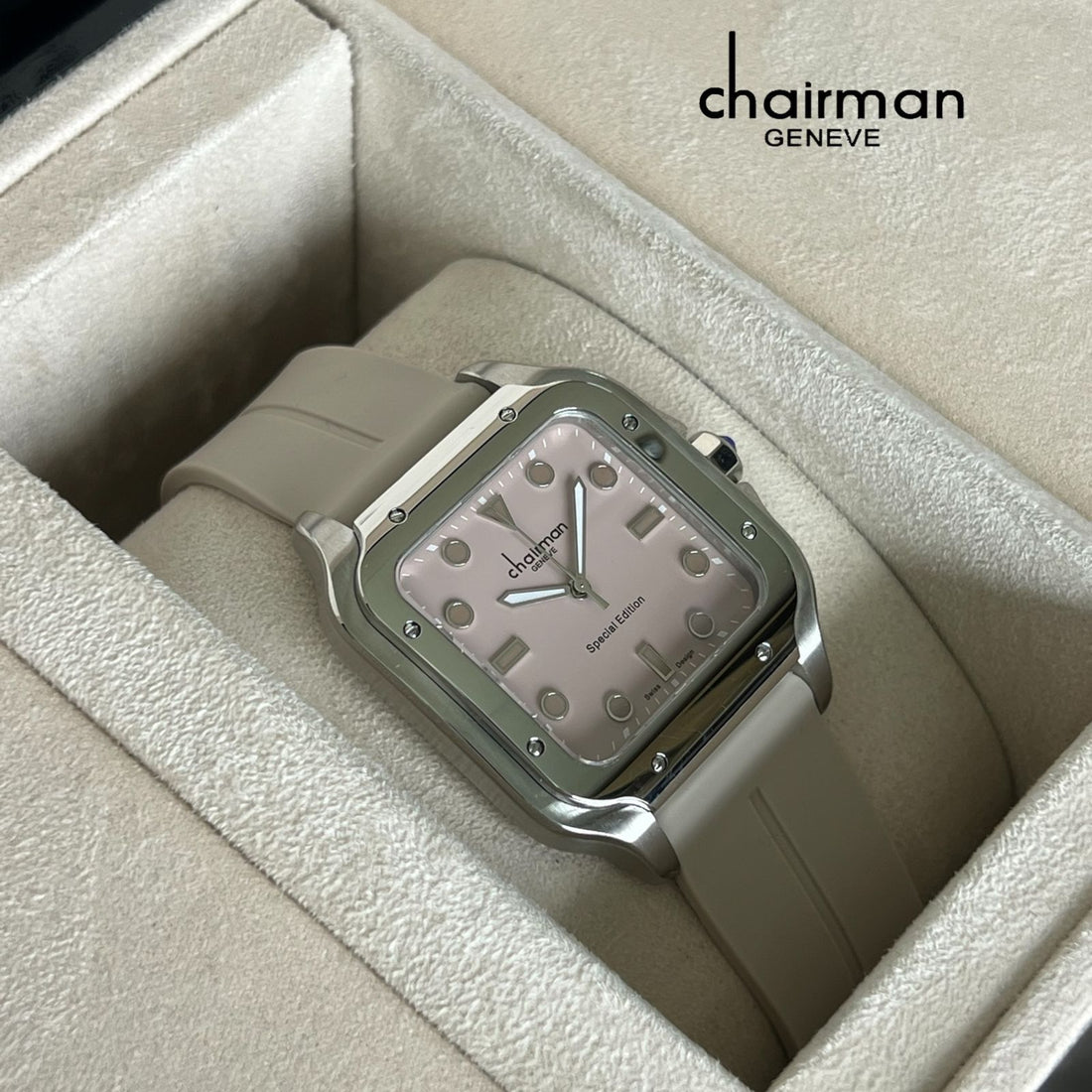 Special Edition Chairman Geneve Baby Pink Dial Grey Strap Gents Watch
