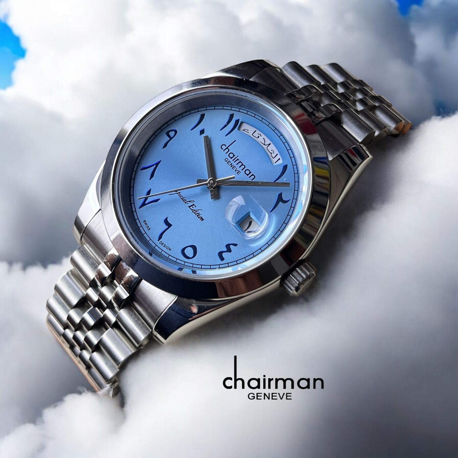 Special Edition Chairman Geneve Blue Arabic Day And Dated Silver Chain Gents Watch