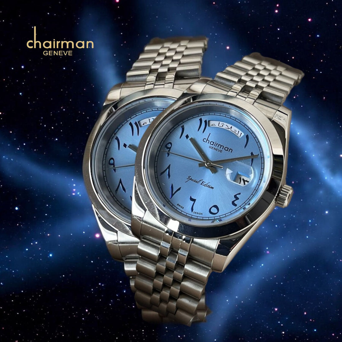 Special Edition Chairman Geneve Blue Arabic Day And Dated Silver Chain Gents Watch