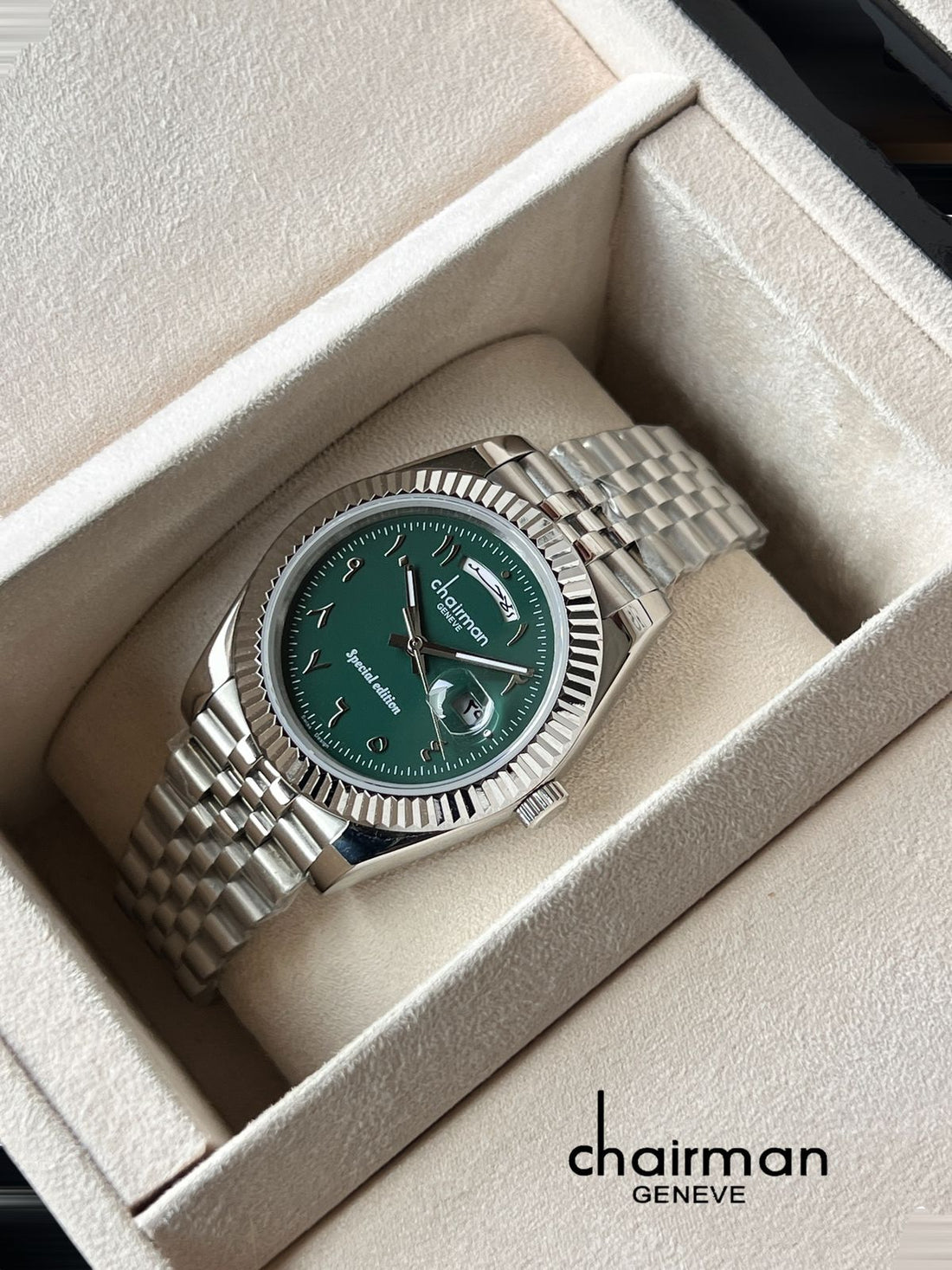Special Edition Chairman Geneve Green Day And Dated Arabic Dial Silver Chain Gents Watch