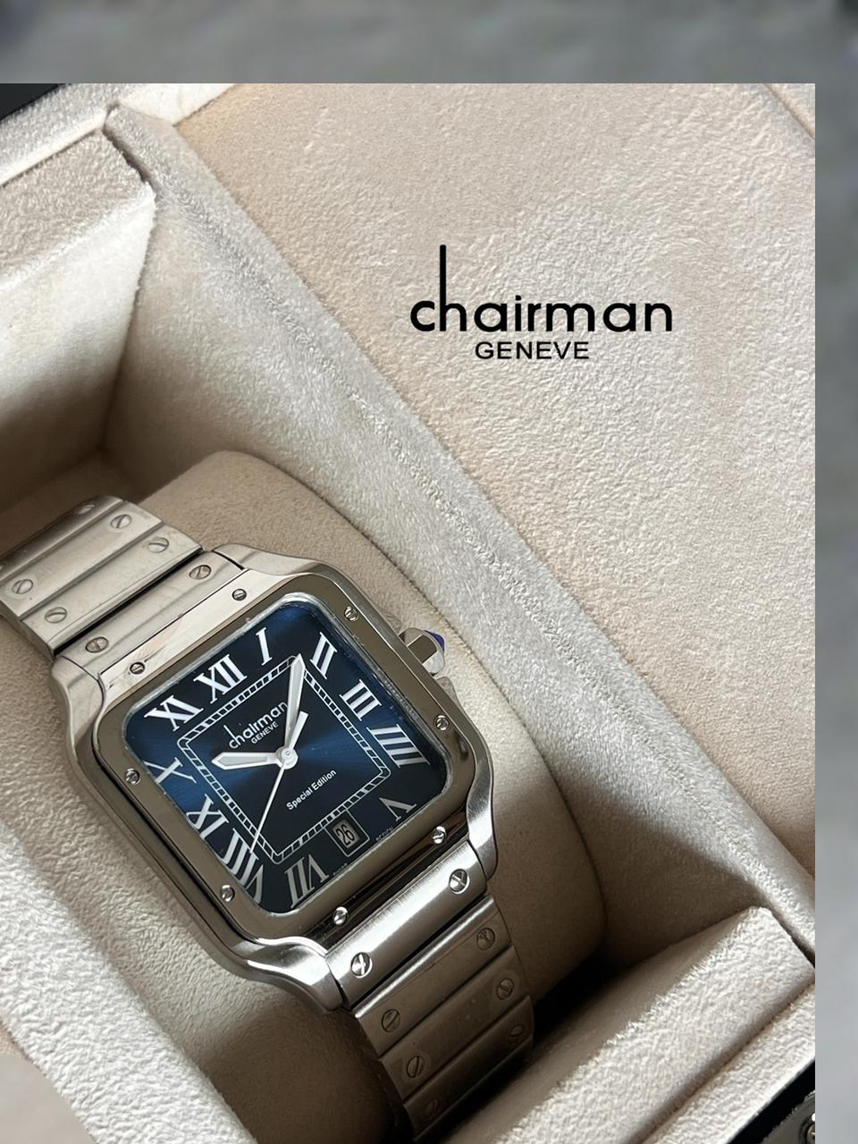 Special Edition Chairman Geneve Roman Blue Dated Dial Silver Chain Gents Watch