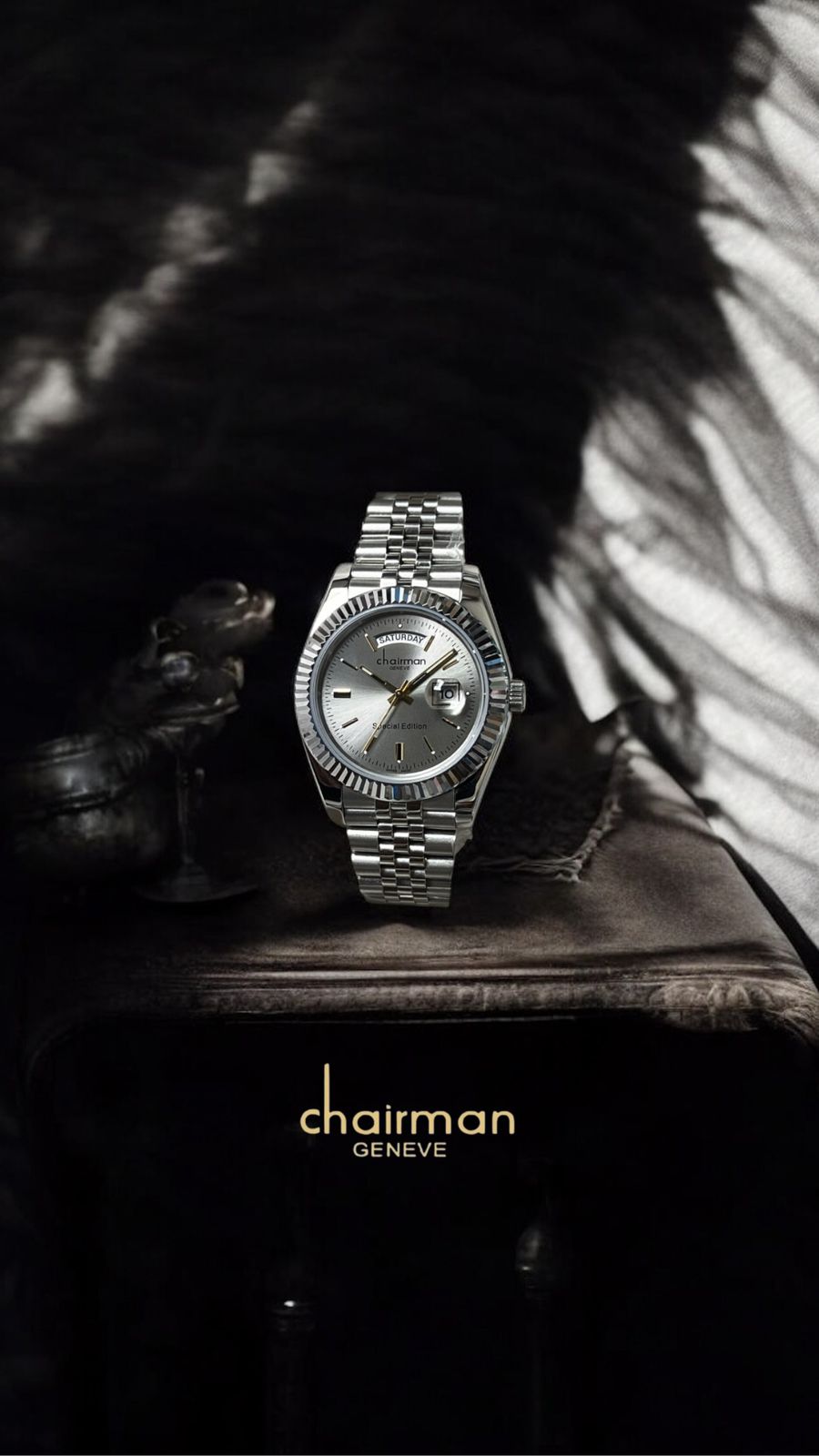 Special Edition Day And Dated Grey Dial Silver Chain Chairman Geneve Gents Watch