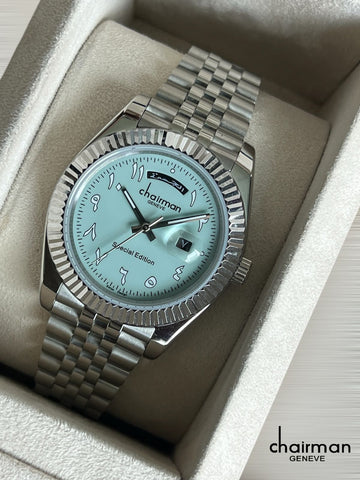 Special Edition Sky Blue Dated Arabic Dial Silver Chain Gents Watch