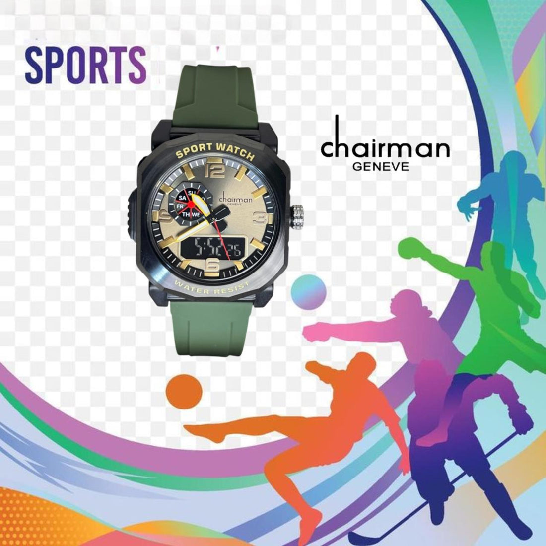 Sports Chairman Geneve Day Golden Dial Green Strap Gents Watch