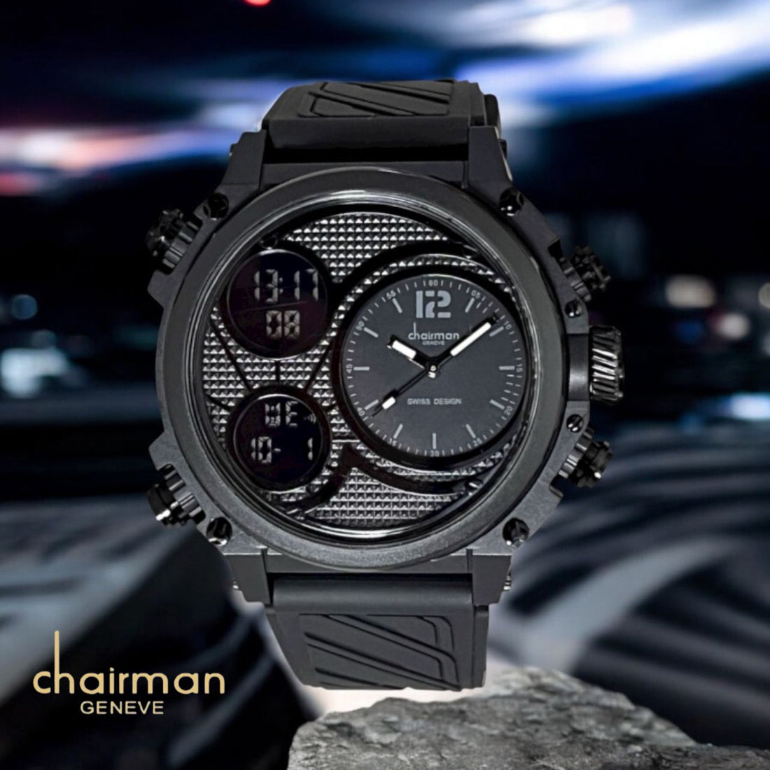 Sports Model Chairman Geneve Black Dial Black Gents Watch