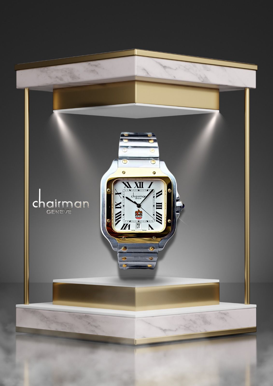 Square Dial Chairman Geneve Silver Gold Strap Watch