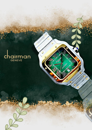 Square Green Dial Chairman Geneve Silver Gold Strap Watch