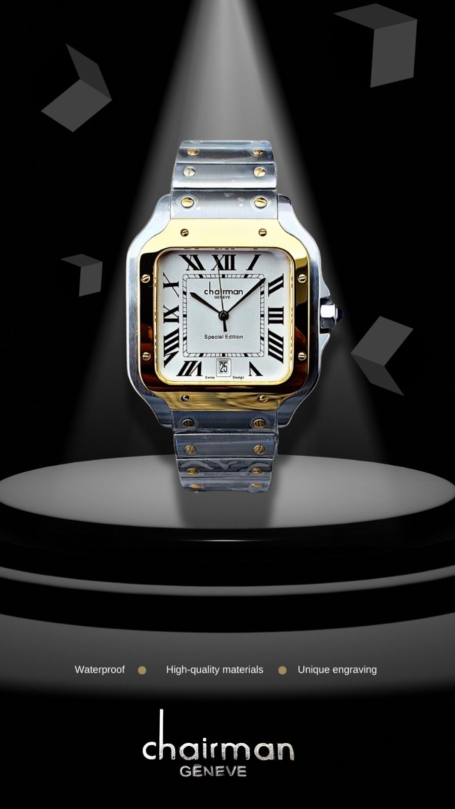 Square White Dial Chairman Geneve Silver Gold Strap Watch