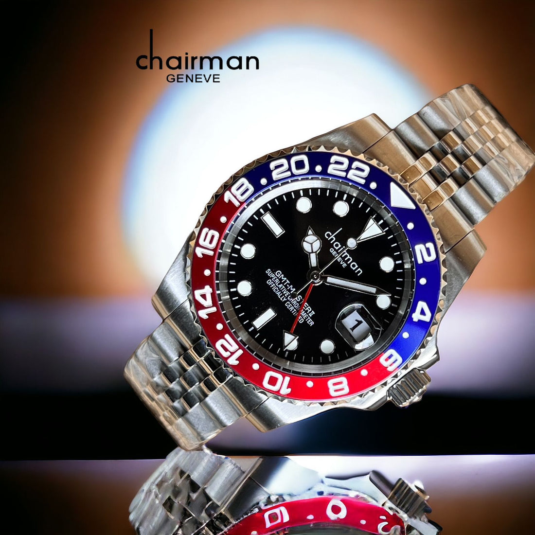 Superlative Chronometer Chairman Geneve Black Dated Dial Silver Chain Gents Watch
