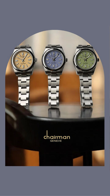 Superlative Chronometer Chairman Geneve Cream Blue Green Color Dial Silver Chain Gents Three Watches