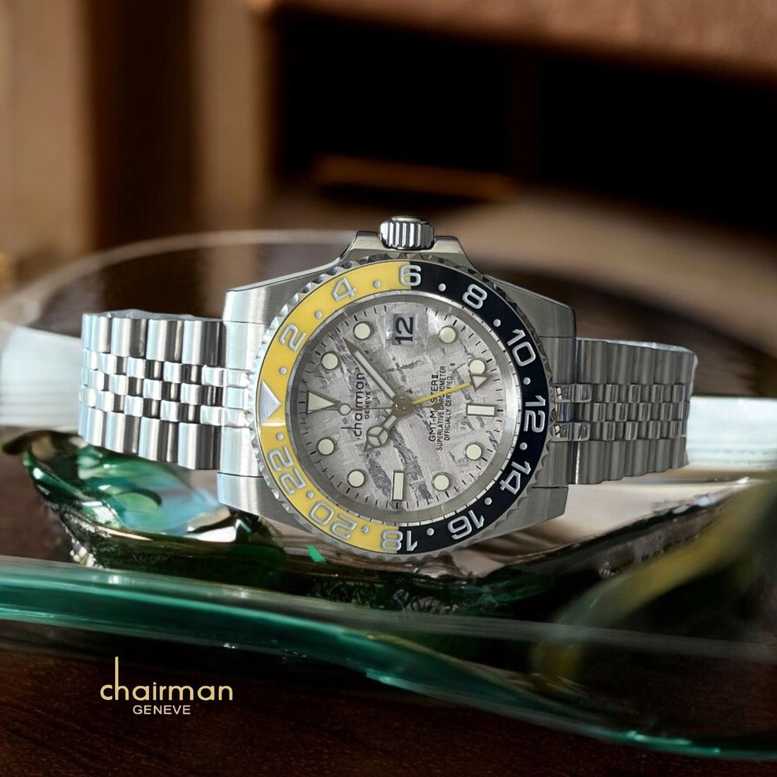 Superlative Chronometer Chairman Geneve Dated White Marble Dial Silver Chain Gents Watch