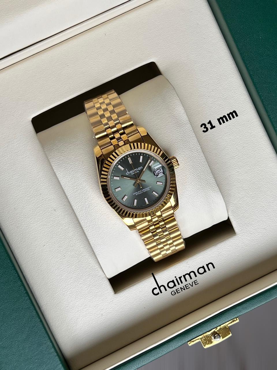 Superlative Chronometer Chairman Geneve Green Dated Dial Golden Chain Ladies Watch
