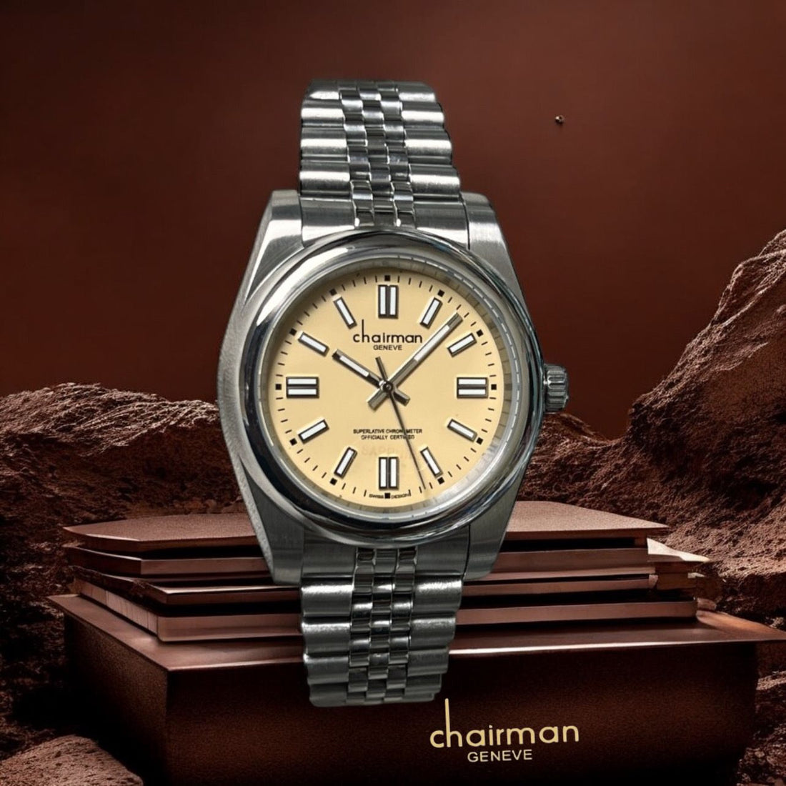 Superlative Chronometer Cream Dial Silver Chain Chairman Geneve Gents Watch