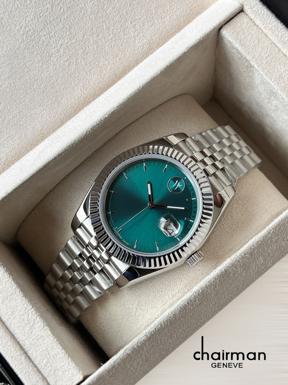 Swiss Chairman Design Dated Green Dial Silver Chain Gents Watch
