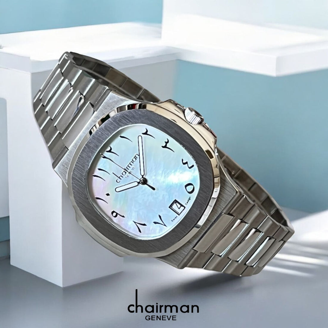 Swiss Design Chairman Geneve Arabic Dated White Dial Silver Chain Gents Watch