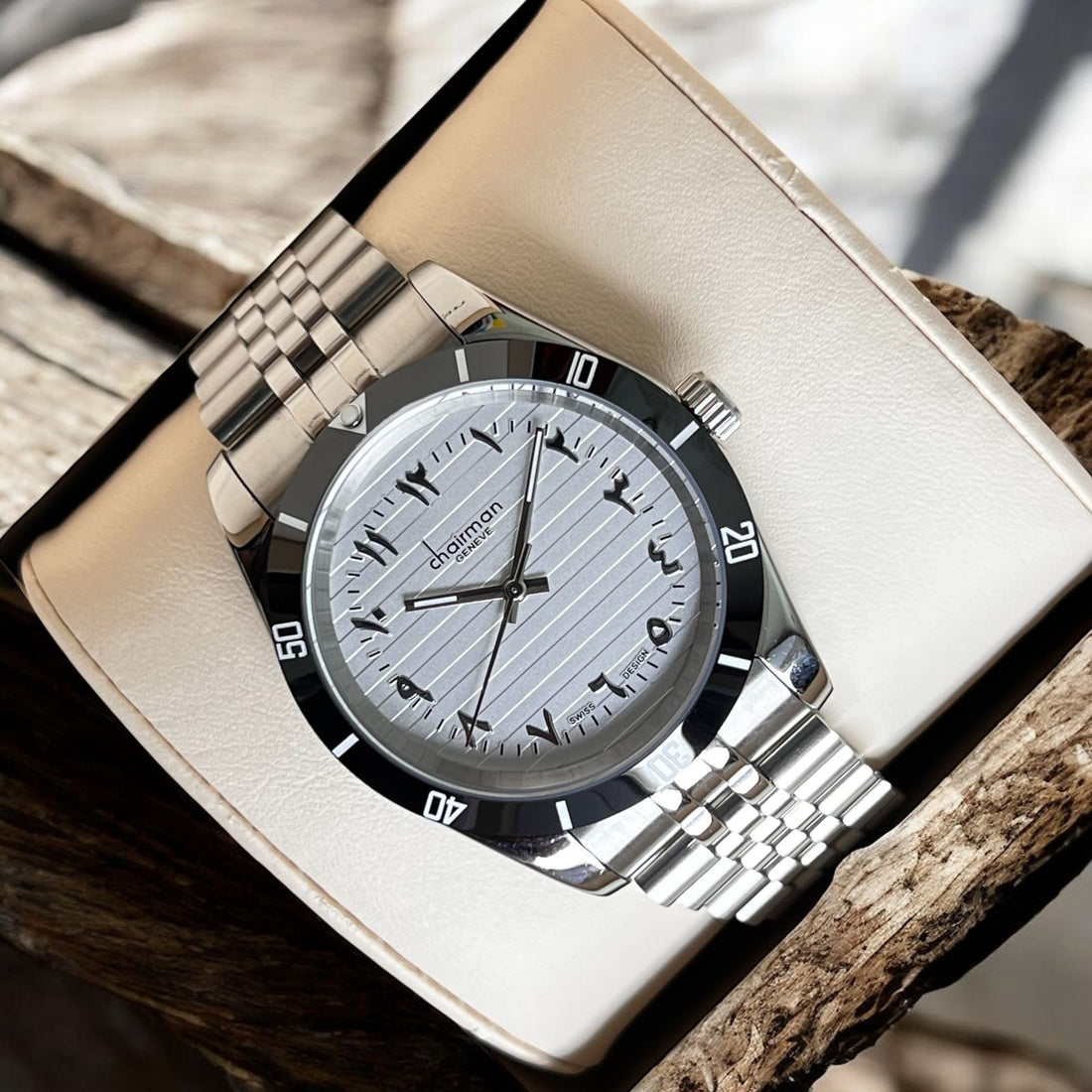 Swiss Design Chairman Geneve Arabic Grey Dial Silver Chain Gents Watch
