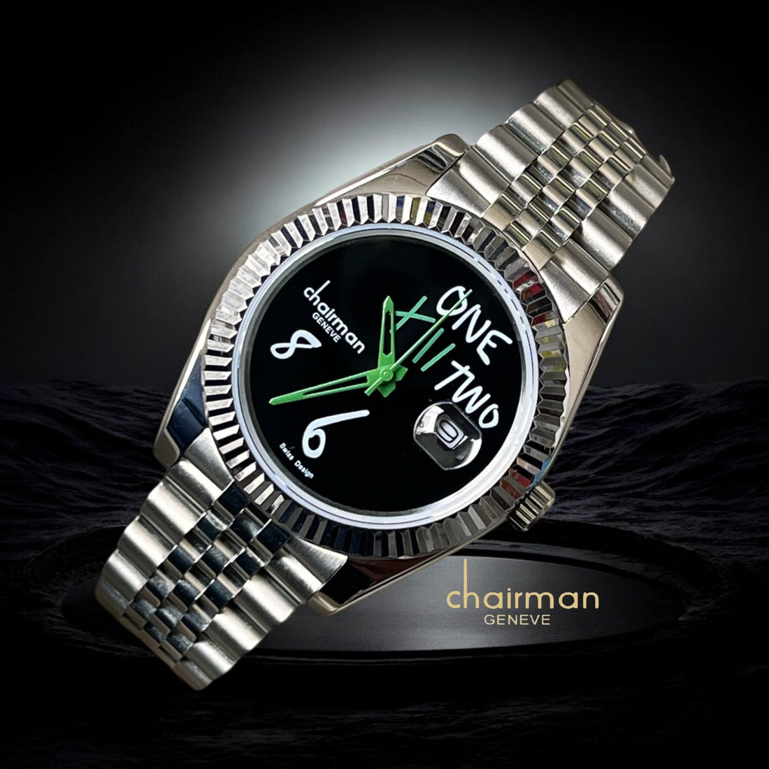 Swiss Design Chairman Geneve Black Dated Dial Silver Chain Gents Watch