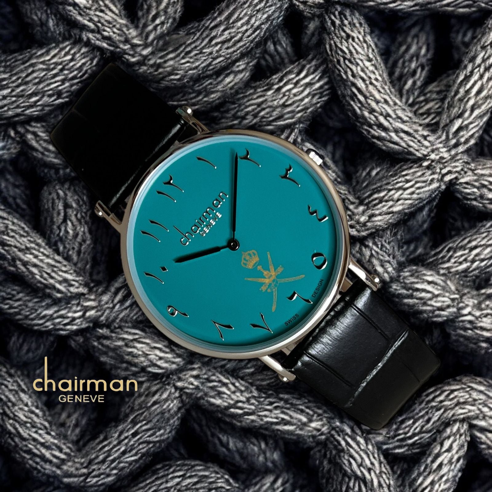Swiss Design Chairman Geneve OMAN Emblem Arabic Sky Blue Dial Black Strap Gents  Watch