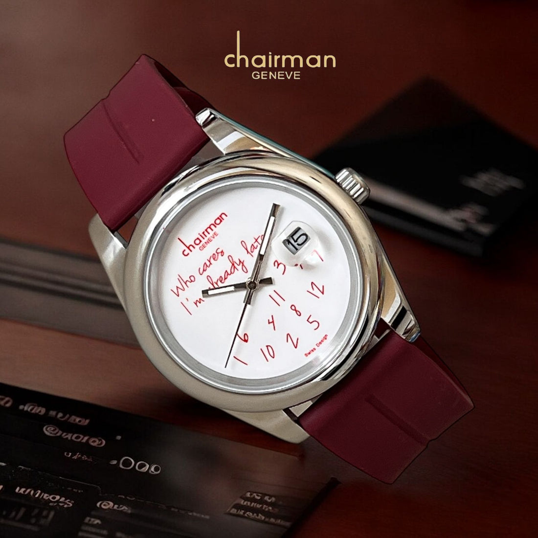 Swiss Design Chairman Geneve White Dated Dial Maroon Strap Gents Watch