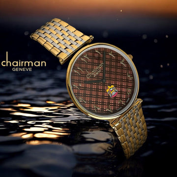 Swiss Made Chairman Geneve UAE Emblem Arabic Brown Check Dial Silver And Gold Chain Gents Watch