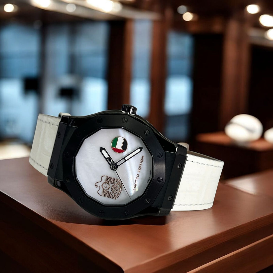 Swiss Made Chairman Geneve UAE Emblem Flag White Dial Creme Strap Gents Watch