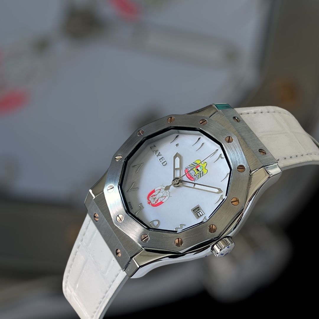 UAE ABUDHABI Emblem Chairman Geneve Zayed Dated Arabic Dial White Strap Gents Watch