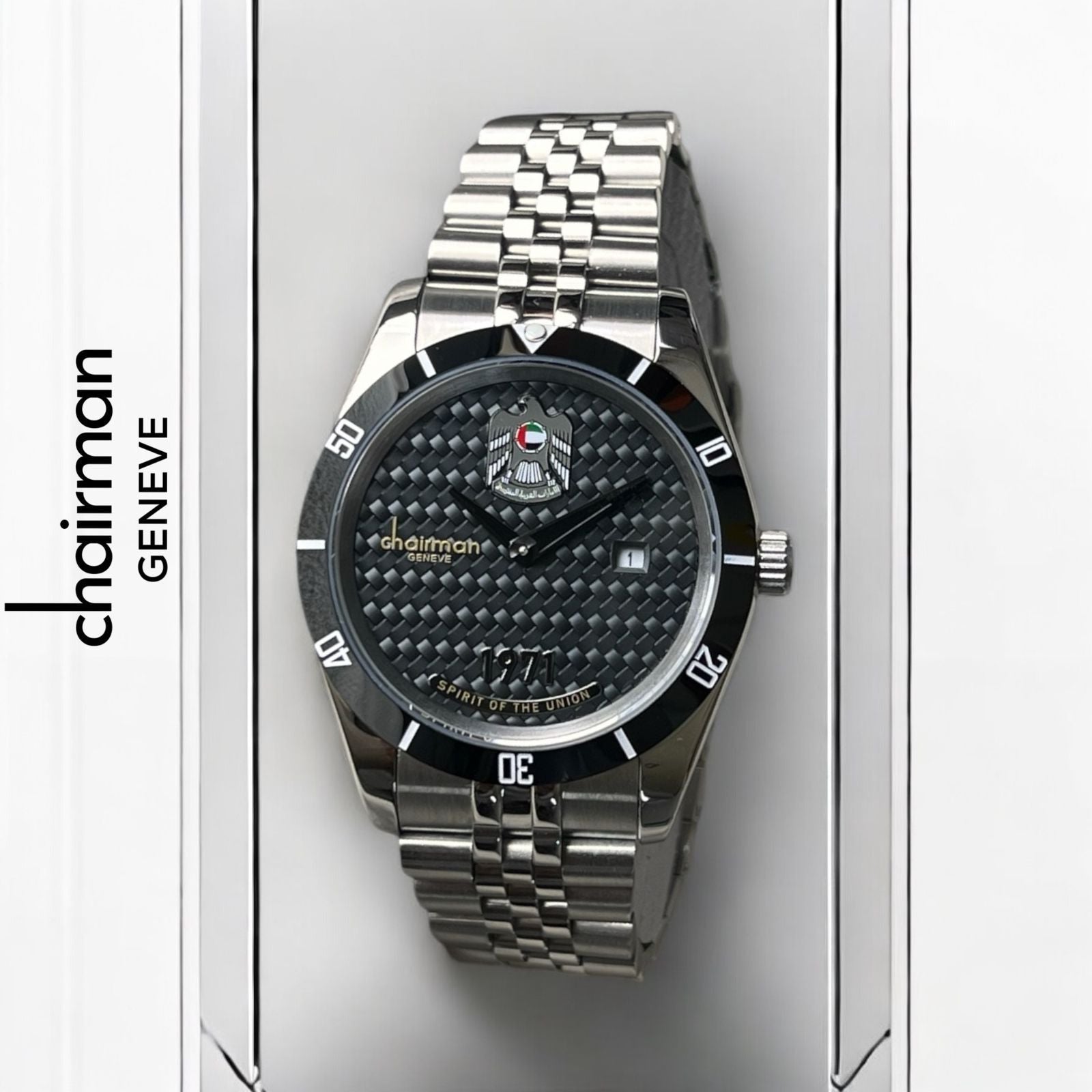 UAE Emblem Chairman Geneve Dated Black Dial Silver Chain Gents Watch