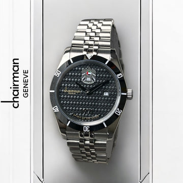 UAE Emblem Chairman Geneve Dated Black Dial Silver Chain Gents Watch