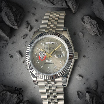 UAE Emblem Day And Dated Arabic Grey Dial Chairman Geneve Silver Chain Gents Watch
