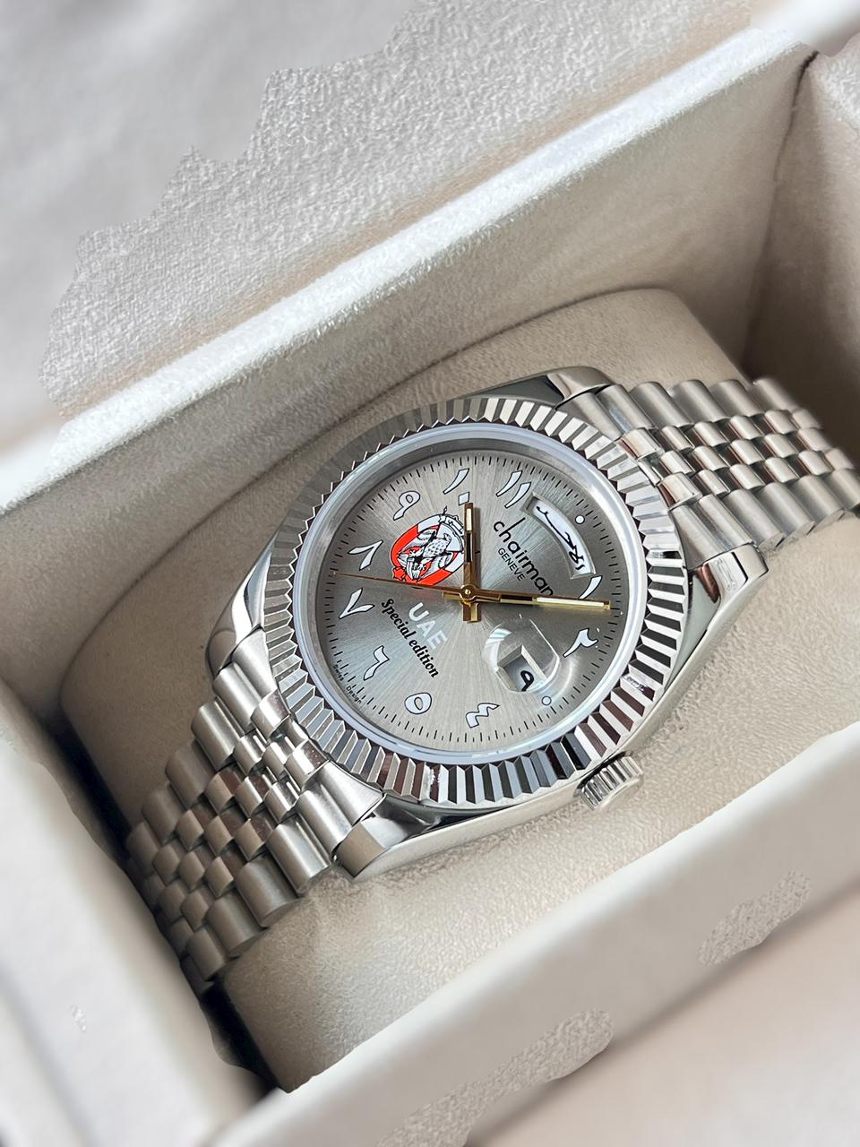 UAE Emblem Day And Dated Arabic Grey Dial Chairman Geneve Silver Chain Gents Watch