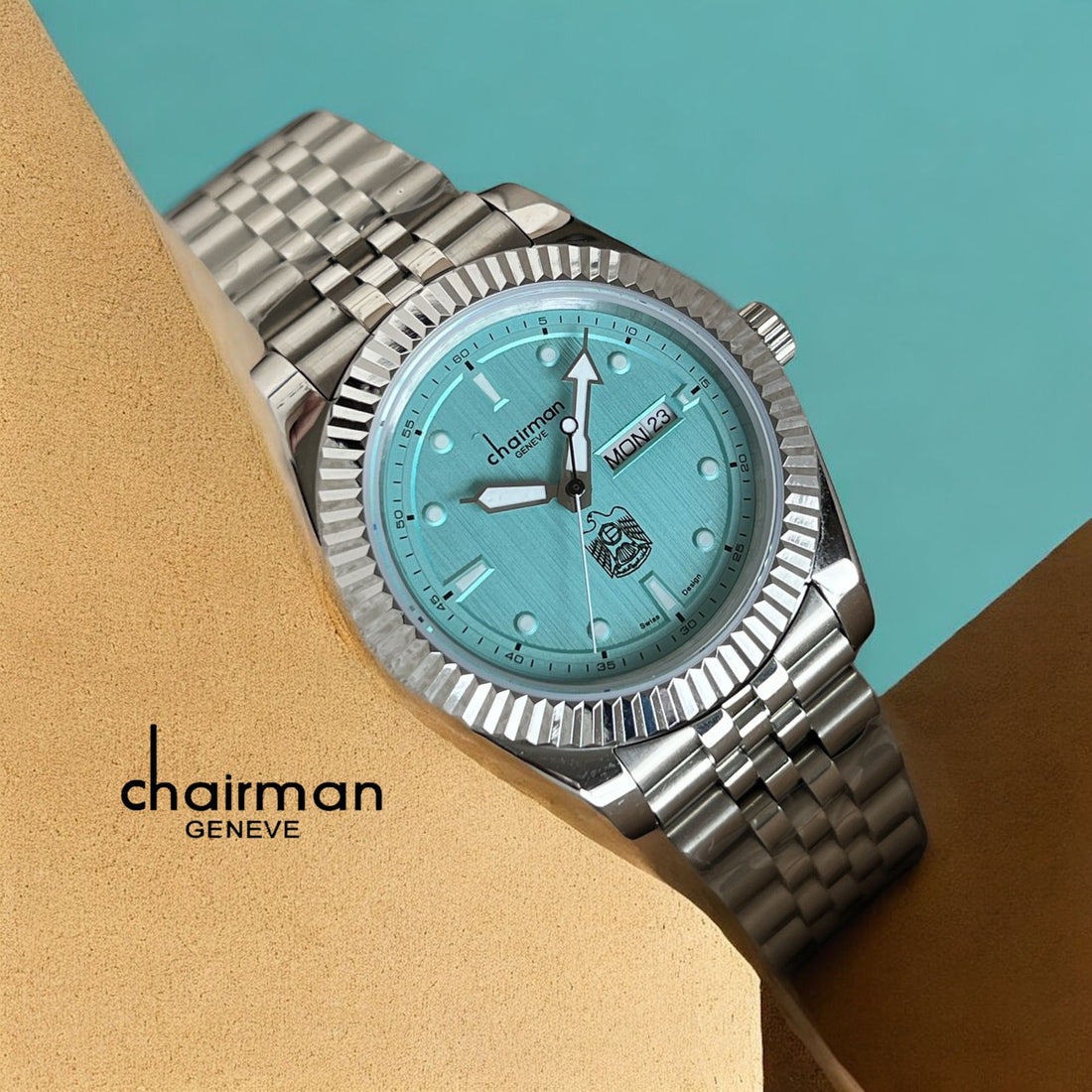 UAE Emblem Day And Dated Sky Blue Dial Chairman Geneve Silver Chain Gents Watch