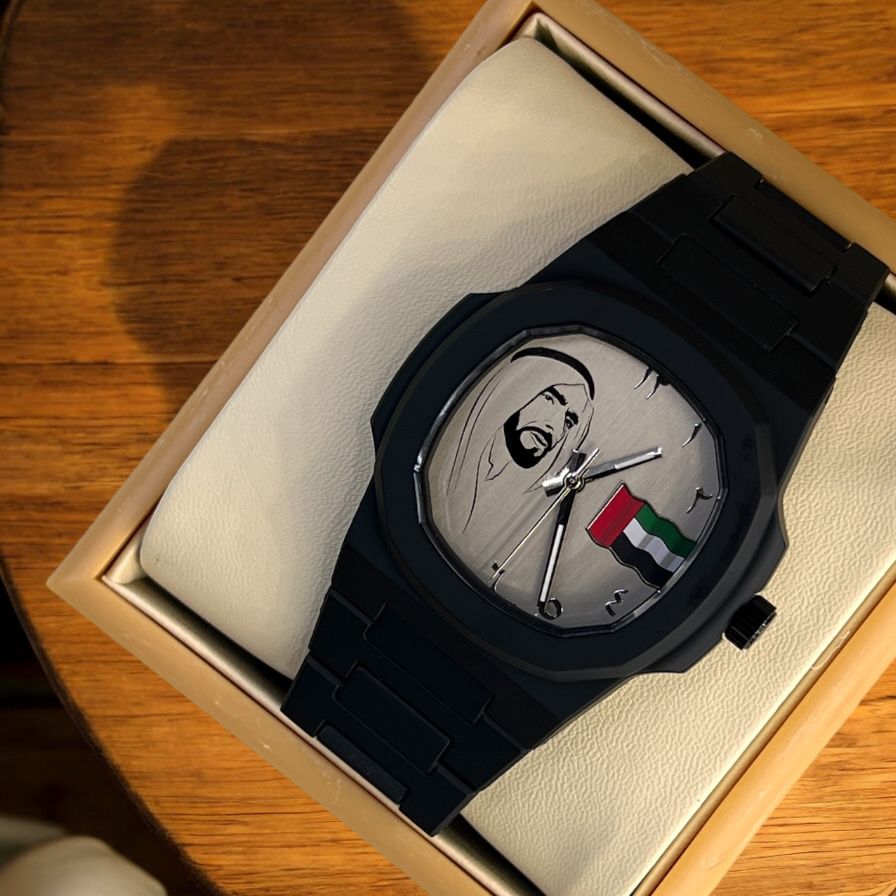UAE Flag Sheikh Photo Arabic Grey Dial Black Chain Gents Watch
