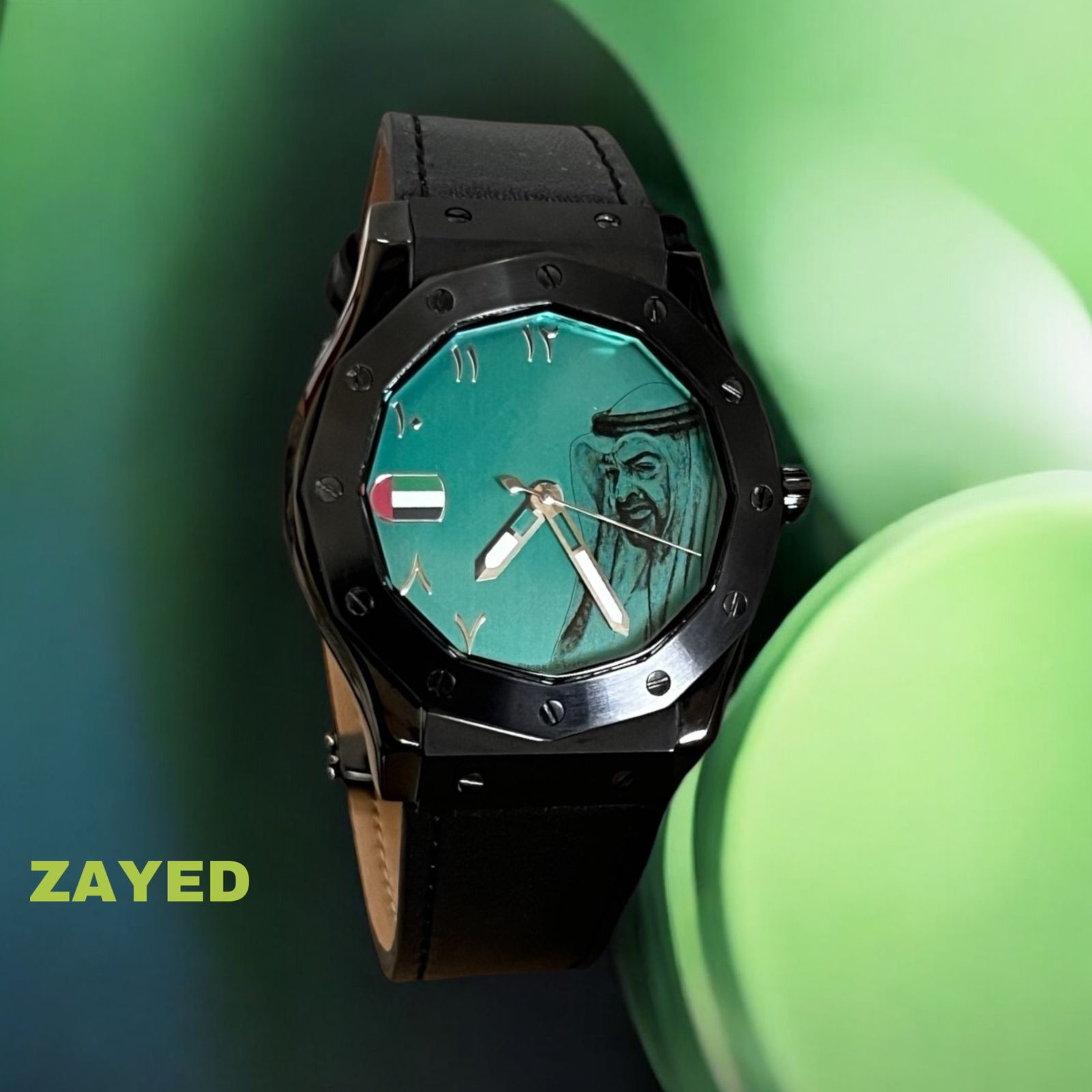 UAE Flag Zayed Watch Arabic Baby Green Dial Black Leather Strap