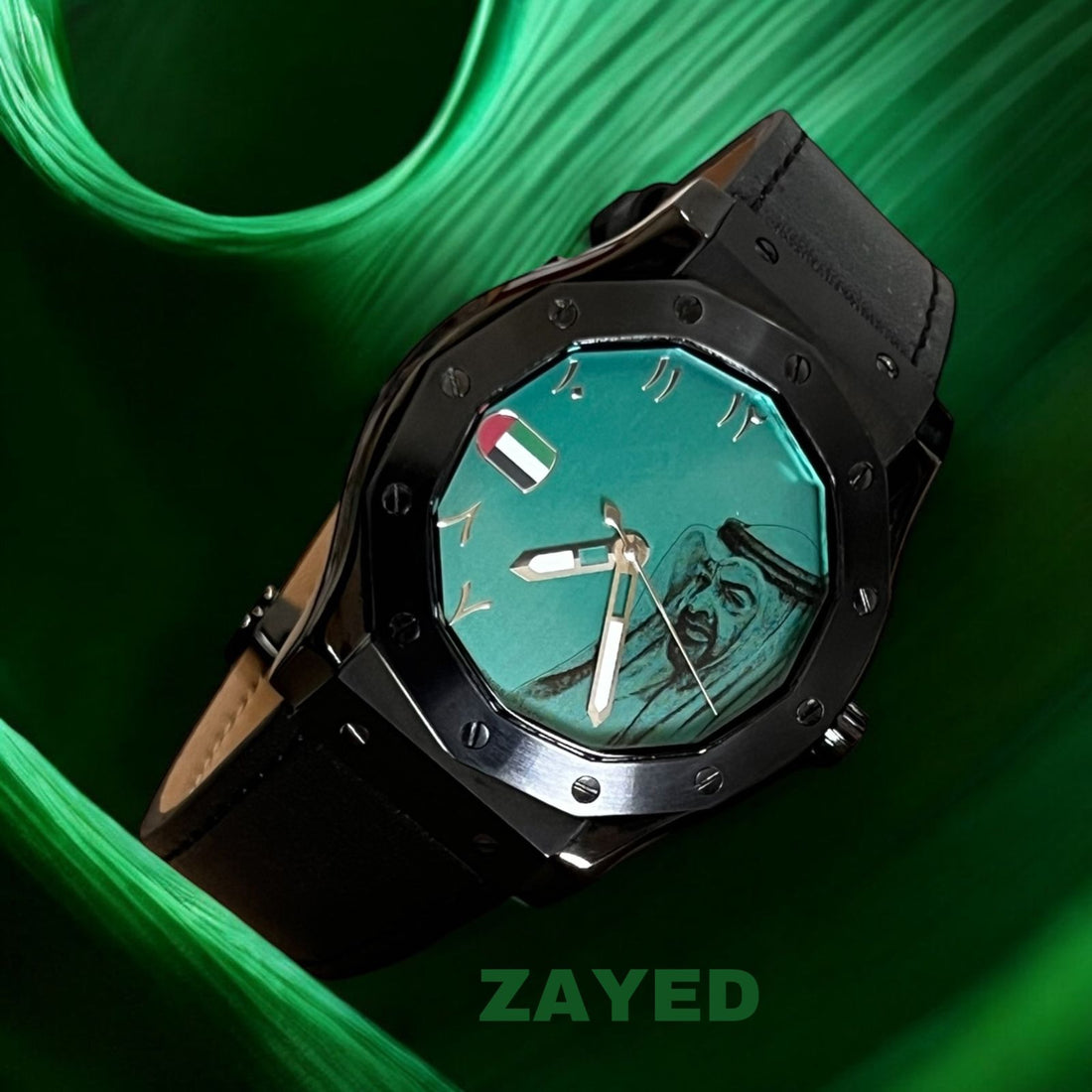 UAE Flag Zayed Watch Arabic Baby Green Dial Black Leather Strap