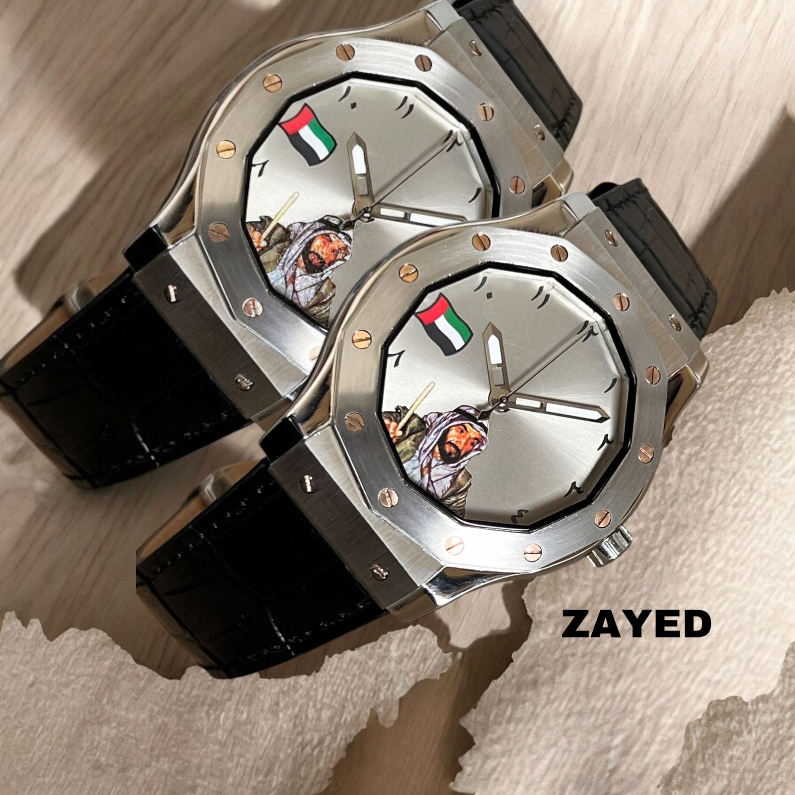 UAE Flag Zayed Watch Arabic Dial Black Leather Strap – DealDXB