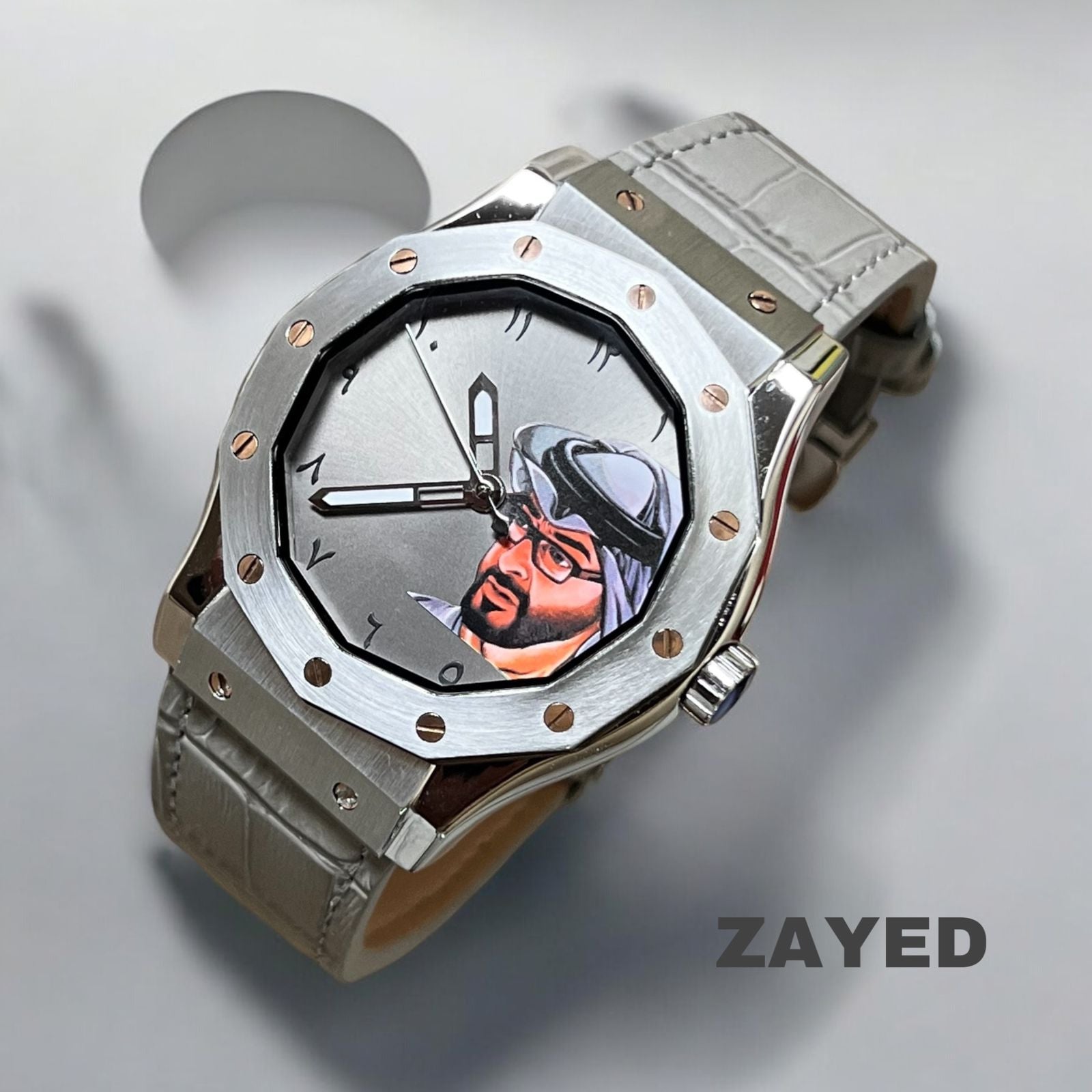 UAE Flag Zayed Watch Arabic Dial Grey Leather Strap Metal Frame – DealDXB