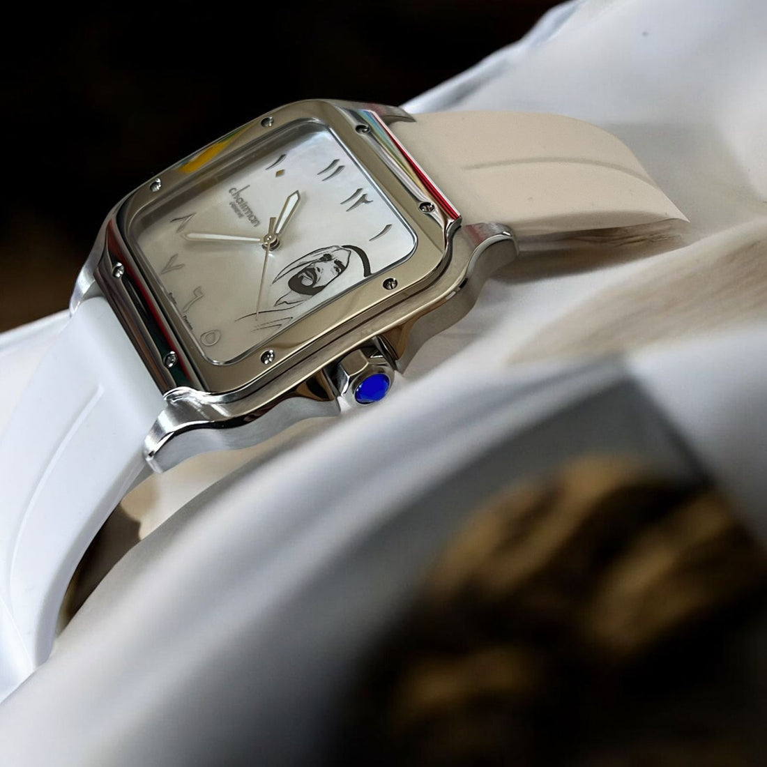 UAE Sheik Chairman Geneve Arabic White Marble Dial White Strap Gents Watch