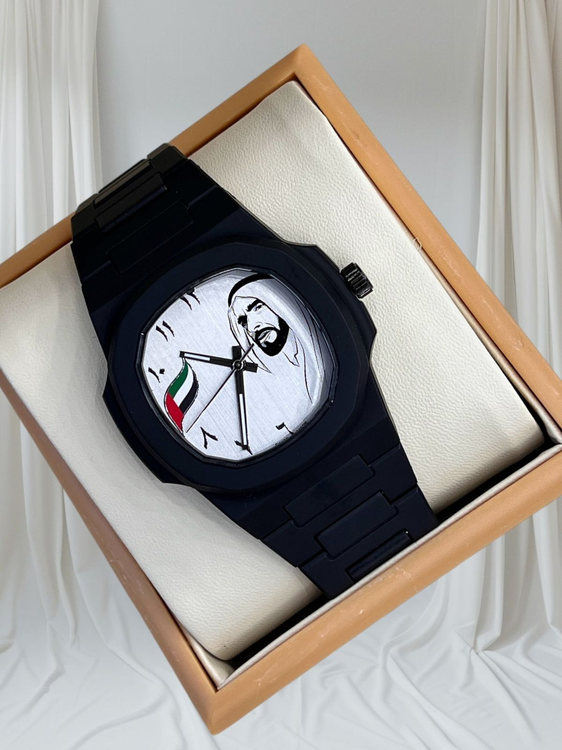 UAE Sheikh Flag Photo Arabic Silver Dial Black Chain Gents Watch